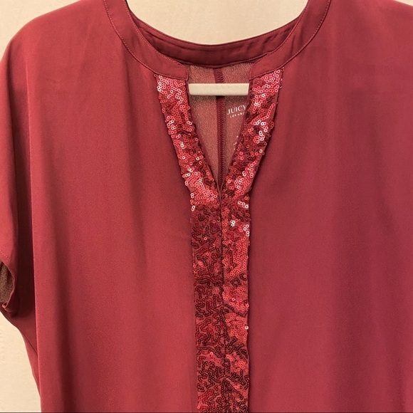 Juicy Couture Sz XS  Burgundy / Maroon Sequins V Neck Top, Flowy, Semi-Sheer - Picture 3 of 5